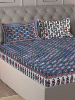 Eyda - Ethnic Printed Grey Cotton Bedsheet with 2 Pillow Covers (King)