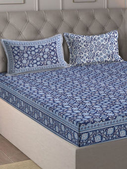 Eyda - Ethnic Printed Navy Blue Cotton Bedsheet with 2 Pillow Covers (King)