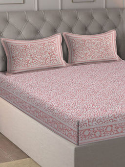 Eyda - Floral Printed Peach Cotton Bedsheet with 2 Pillow Covers (King)