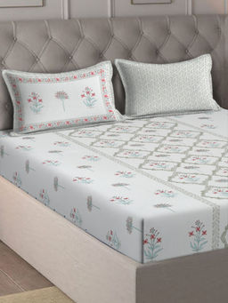 Eyda - Ethnic Printed White Cotton Bedsheet with 2 Pillow Covers (King)