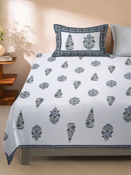 Eyda - White Ethnic Printed 180 Tc Cotton Bedsheet with 2 Pillow Covers (King)