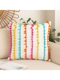 THROW PILLOW - White Base Cushion Cover with Multicolor Pom-Pom