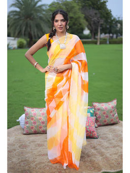 Zari Jaipur - Orange and Yellow Leheriya Printed Saree with Unstitched Blouse