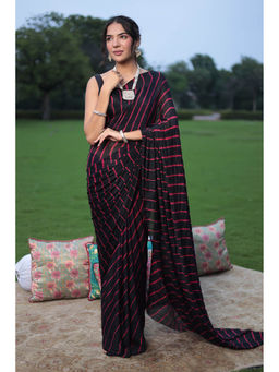 Zari Jaipur - Black Chiffon Leheriya Printed Saree with Unstitched Blouse