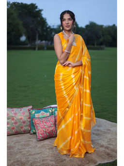 Zari Jaipur - Women Yellow Leheriya Printed Saree with Unstitched Blouse