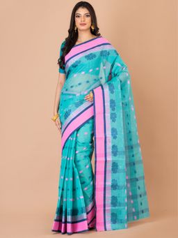 LAA CALCUTTA - Sea Green and Multi Pure Cotton Tant Saree