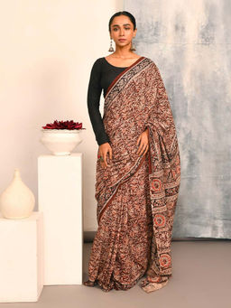 Indethnic - Kalamkari Handblock Mulmul Cotton Multi-Color Saree with Unstitched Blouse