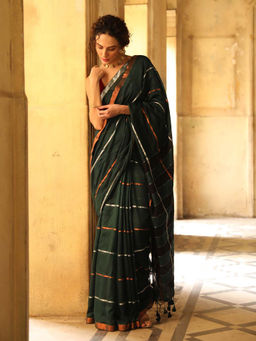 Indethnic - Bottle Green Party Wear Saree with Unstitched Blouse