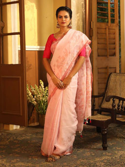 Indethnic - Pink Solid Daily Wear Saree with Unstitched Blouse
