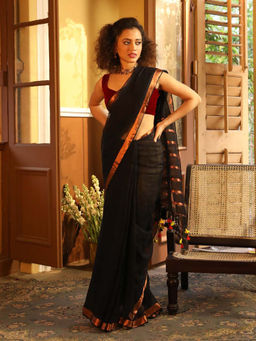 Indethnic - Black Solid Daily Wear Saree with Unstitched Blouse