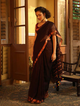 Indethnic - Brown Solid Daily Wear Saree with Unstitched Blouse