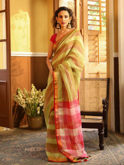 Indethnic - Green Party Wear Saree with Unstitched Blouse