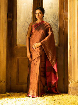 Indethnic - Brown Solid Party Wear Saree with Unstitched Blouse