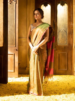 Indethnic - Green Party Wear Saree with Unstitched Blouse