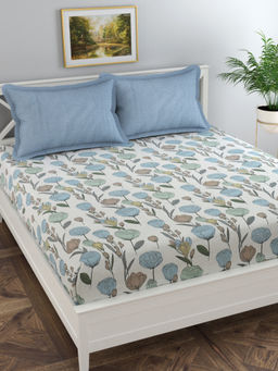 Florida - White Fitted Floral Bedsheet with 2 Pillow Covers (Double)