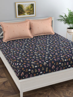 Florida - Navy Blue Floral Bedsheet with 2 Pillow Covers (Double)