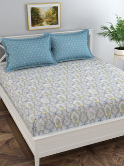 Florida - Grey Fitted Floral Bedsheet with 2 Pillow Covers (Double)