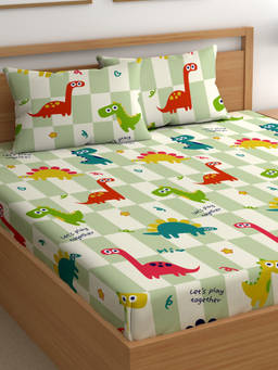 CHHAVI INDIA - Green Fun Dinosaur Print Bedsheet with 2 Pillow Covers (DOUBLE)