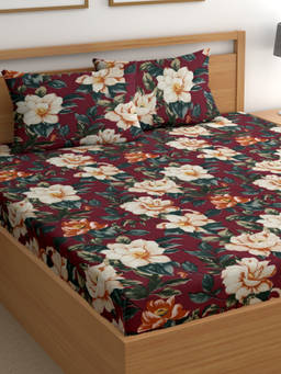 CHHAVI INDIA - Elegant Maroon Floral Bedsheet with 2 Pillow Covers (DOUBLE)