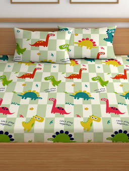 CHHAVI INDIA - Green Fun Dinosaur Print Bedsheet with 2 Pillow Covers (DOUBLE)