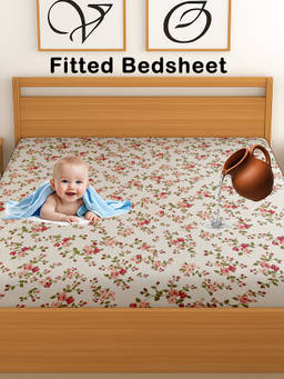 CHHAVI INDIA - White 210 TC Floral Waterproof Fitted Bedsheet (Double)