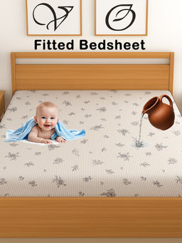 CHHAVI INDIA - Beige 210 TC Floral Stripe Waterproof Fitted Bedsheet (Double)