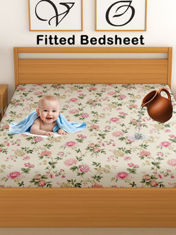CHHAVI INDIA - Beige 210 TC Vintage Floral Waterproof Fitted Bedsheet (Double)