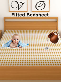 CHHAVI INDIA - Yellow 210 TC Gingham Check Waterproof Fitted Bedsheet (Double)