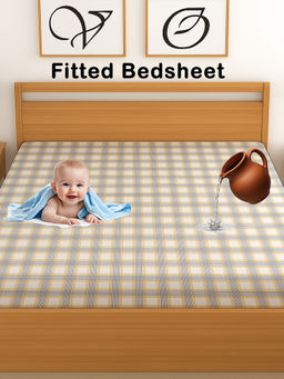 CHHAVI INDIA - Grey 210 TC Tartan Plaid Waterproof Fitted Bedsheet (Double)