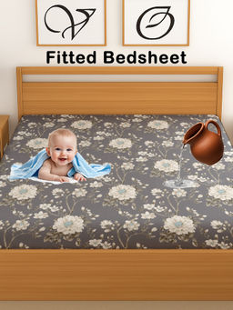 CHHAVI INDIA - 210 TC Grey Floral Waterproof Fitted Bedsheet (Double)