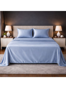 LANE LINEN - Blue Satin Fantasy Cotton Bedsheet with 2 Pillow Covers