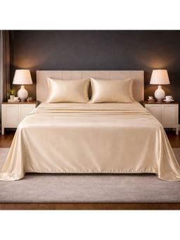 LANE LINEN - Beige Satin Fantasy Cotton Bedsheet with 2 Pillow Covers