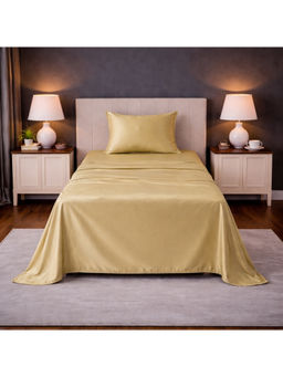 LANE LINEN - Beige Satin Fantasy Cotton Bedsheet with 1 Pillow Cover (Single)