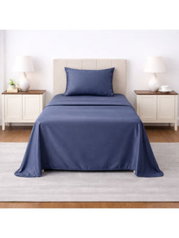 LANE LINEN - Navy Blue Satin Fantasy Cotton Bedsheet with 1 Pillow Cover (Single)