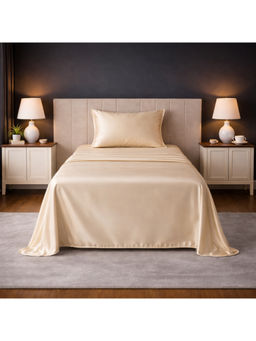 LANE LINEN - Beige Satin Fantasy Cotton Bedsheet with 1 Pillow Cover (Single)