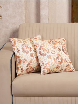 HOME 360 - Beige Ornate Floral Cushion Covers (Pack of 2) (16x16 Inches)