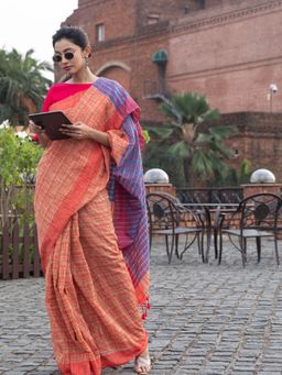 Beatitude - Red Semi Ghicha Cotton Saree With Unstitched Blouse