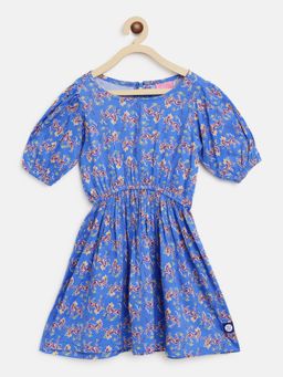Tales & Stories - Girls Blue Rayon Regular Fit Printed Dress
