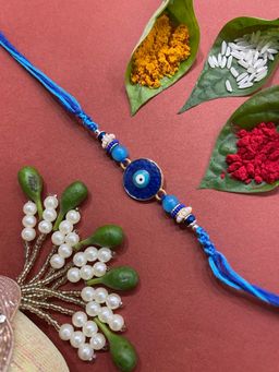 Digital Dress Room - Beautiful Designer Rakhi Dark Blue Eye Evil Beads Thread Rakhi for Brother