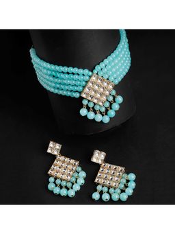 Karatcart - Handcrafted Blue Beads Gold Plated Kundan Choker Necklace Set for Women (Set of 2)