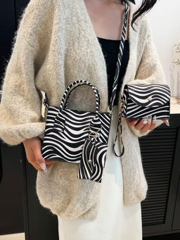 Styli - Women Zebra Printed Handheld Bag with Pouch & Card Holder (Set of 3)