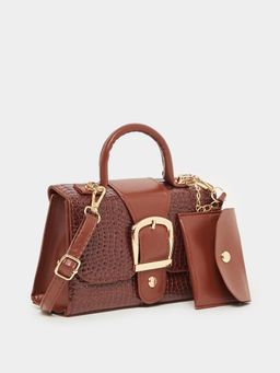 Styli - Women Animal Textured Buckle Lock Detail Handbag with Card Holder (Set of 2)