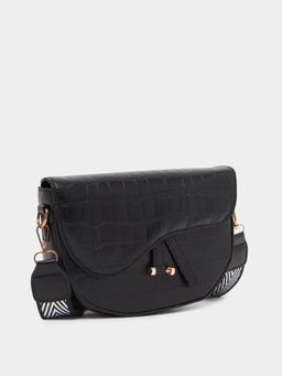 Styli - Women Black Textured Tassel Detail Printed Strap Sling Bag