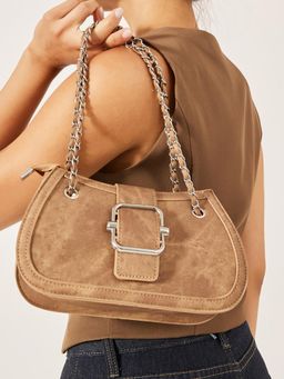 Styli - Women Brown Embellished Buckle Lock Flap Handbag