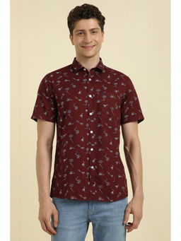 Allen Solly - Men Maroon Slim Fit Print Half Sleeves Casual Shirt