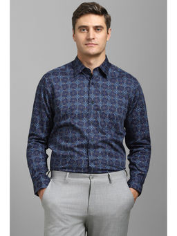 Louis Philippe - Men Navy Blue Regular Fit Print Full Sleeves Formal Shirt