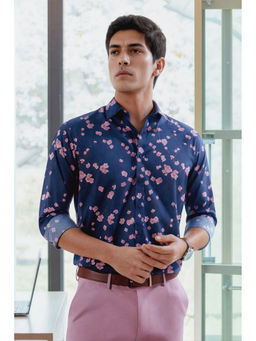 Louis Philippe - Men Navy Blue Slim Fit Print Full Sleeves Formal Shirt