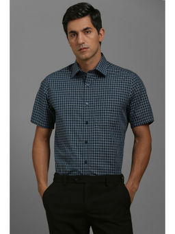 Louis Philippe - Men Navy Blue Regular Fit Check Half Sleeves Formal Shirt