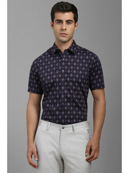 Louis Philippe - Men Navy Blue Slim Fit Print Half Sleeves Formal Shirt