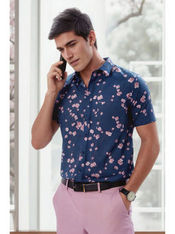 Louis Philippe - Men Navy Blue Slim Fit Print Half Sleeves Formal Shirt